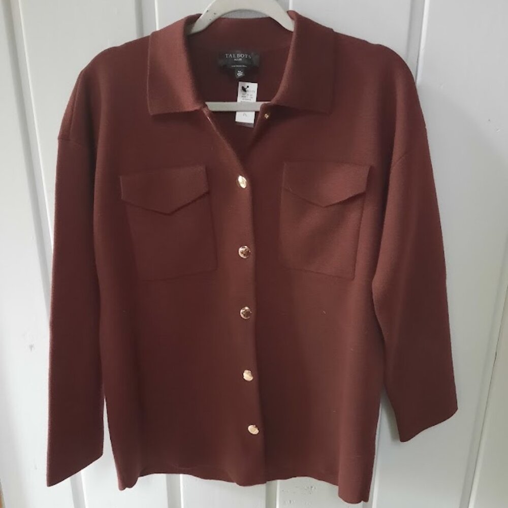 Talbots Merino Wool Snap Front Cardigan Sweater Coat NWT Sz LP Burgundy